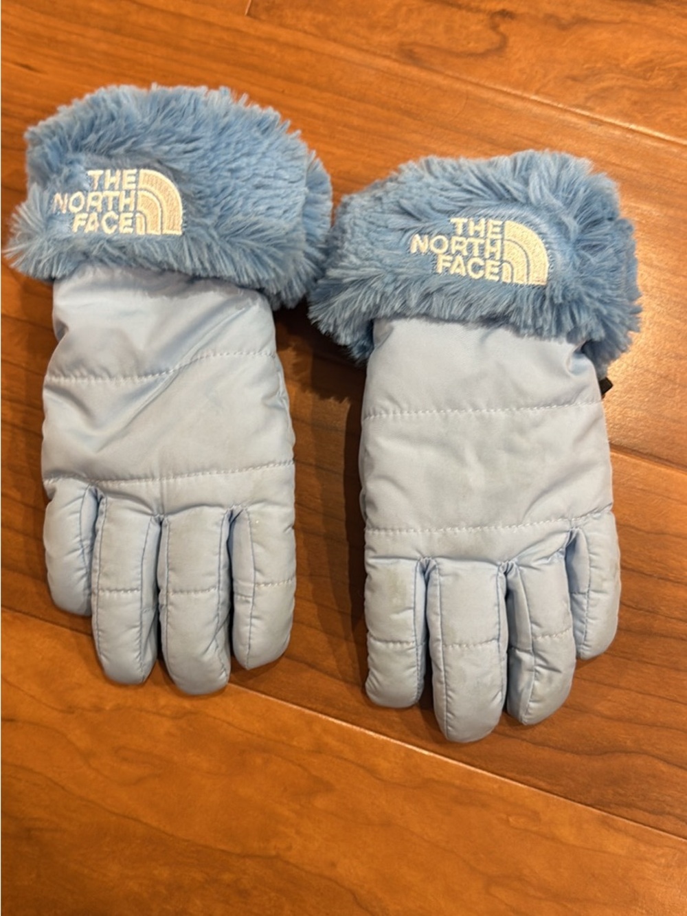 The North Face Kids Light Blue Faux-Fur Cuff Mittens szM/5